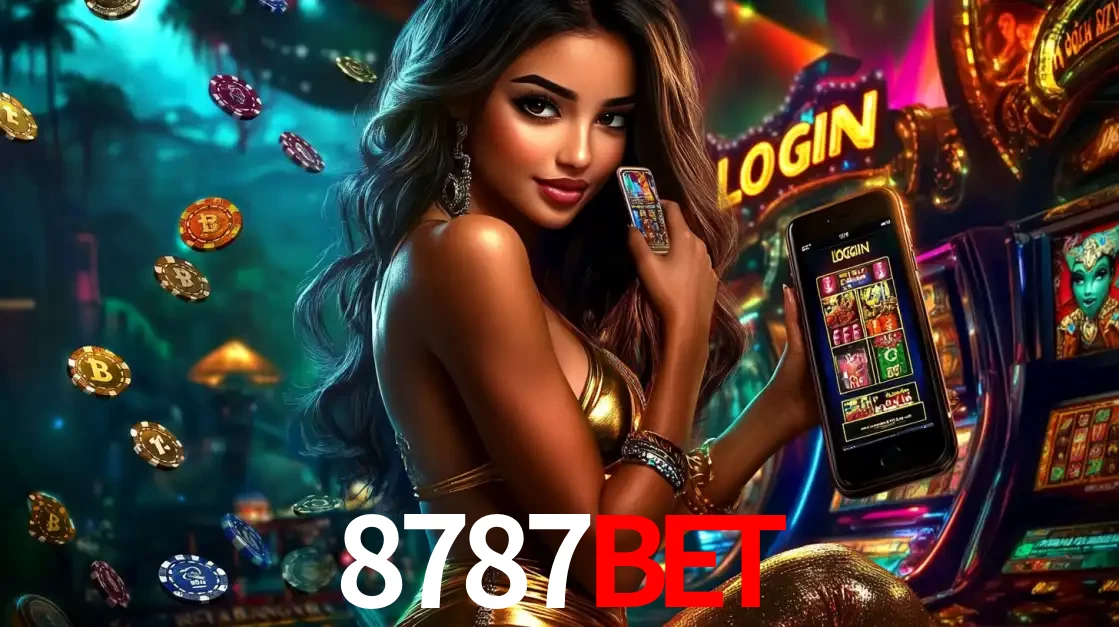 Mulher em um cenário de cassino temático de aventura, mostrando o app de caça-níqueis da 8787bet no celular. Fichas de apostas flutuam ao redor.
