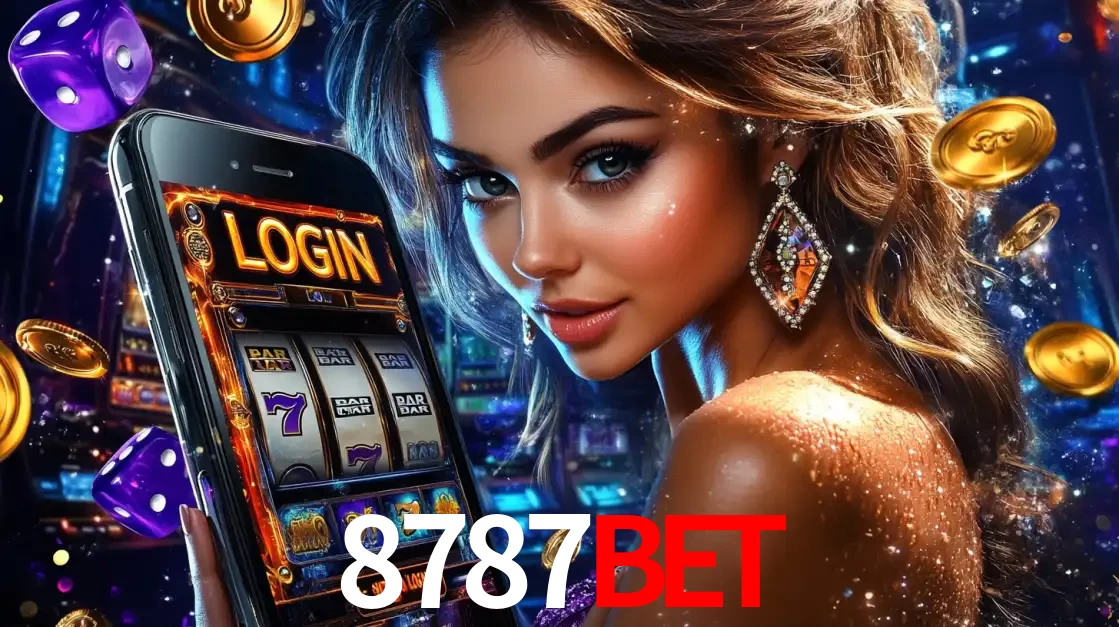Mulher glamorosa segurando um smartphone com a tela de login para os jogos de caça-níqueis do cassino online 8787bet, com moedas de ouro e dados ao redor.