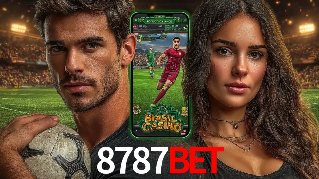Homem segurando uma bola de futebol e uma mulher ao lado de um smartphone exibindo o jogo de apostas esportivas da 8787bet. Faça seu palpite no cassino online.